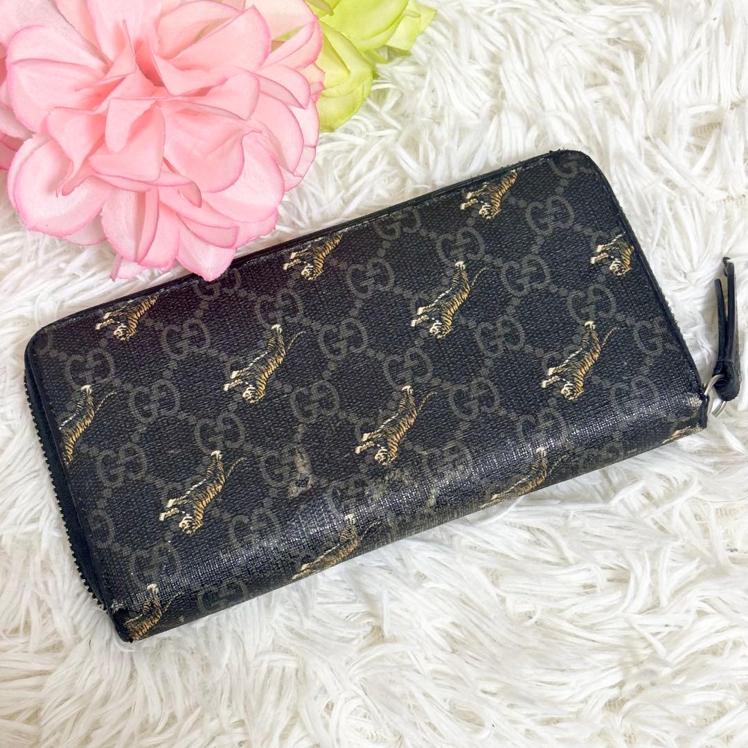 グッチ 長財布 タイガー 虎 PVC GGスプリーム ラウンドファスナー 黒