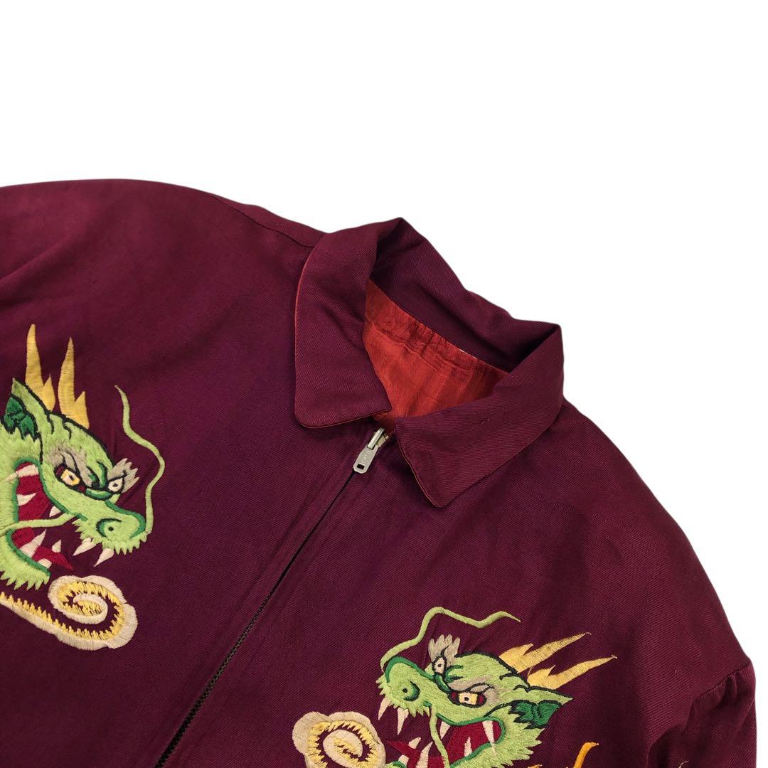 80s PINK DRAGON スカジャン ロゴ刺繍 龍 赤　ボルドー FDC
