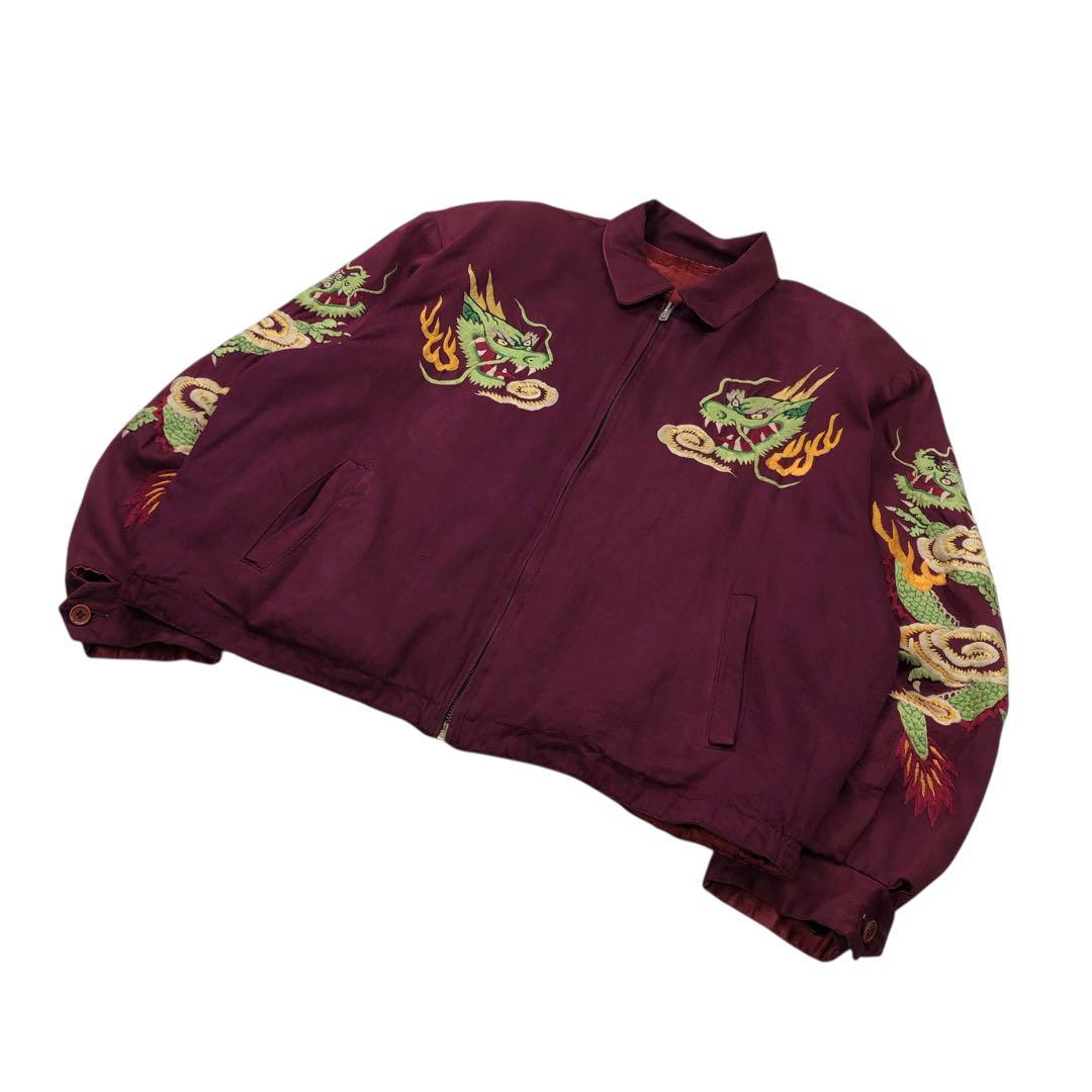 80s PINK DRAGON スカジャン ロゴ刺繍 龍 赤　ボルドー FDC