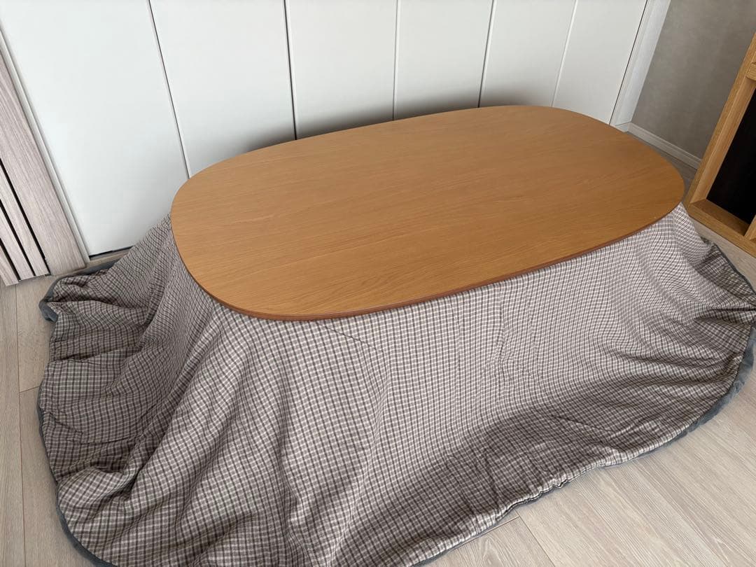 木製 楕円形 こたつ チェック柄布団付き