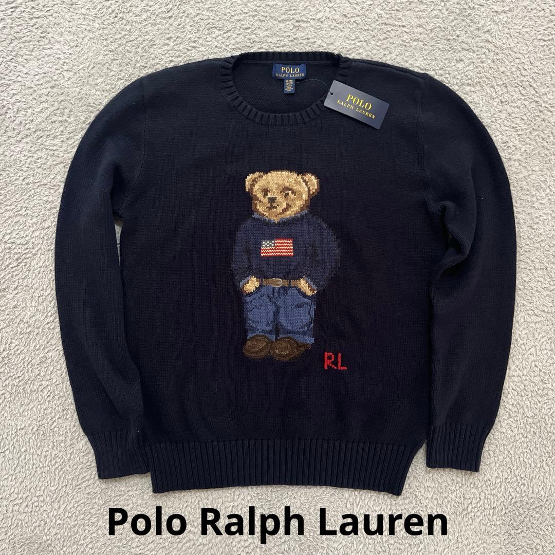 【新品】ラルフローレン クマ刺繍セーター ネイビー ポロベア 星条旗