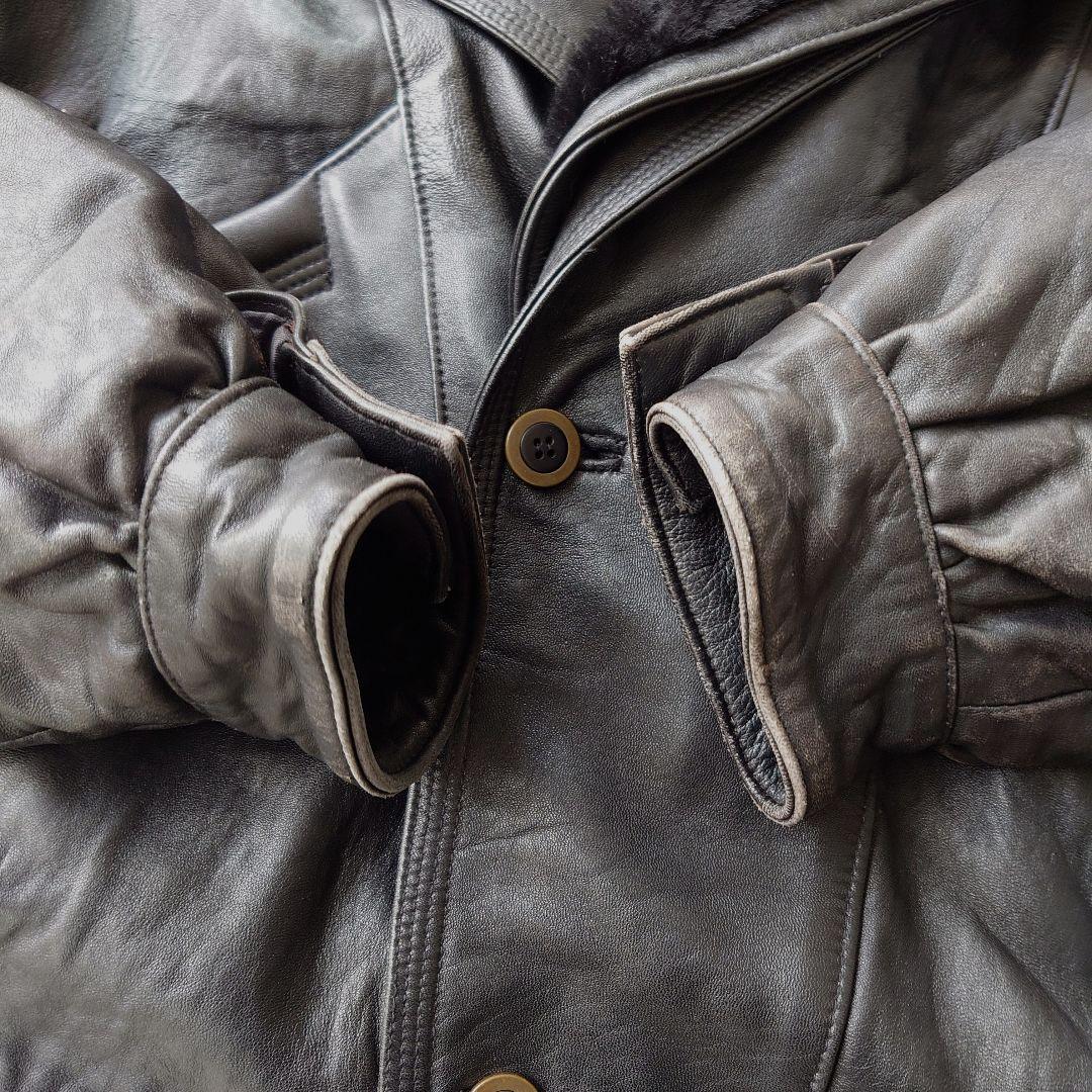 ヴィンテージ スペイン製襟ボアレザーブルゾンジャケット 短丈 本革 古着