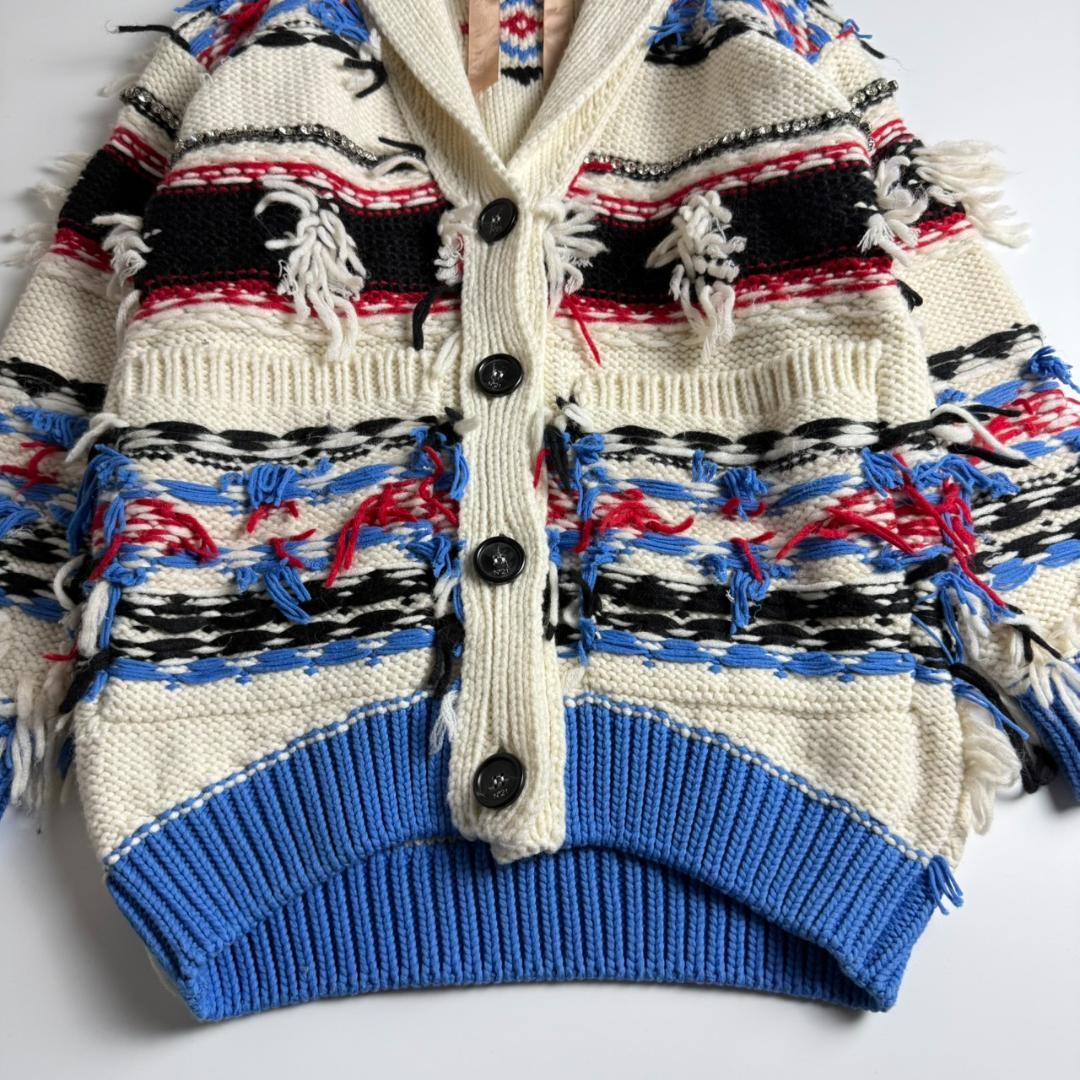 美品　N°21　モヘヤ混　フェアアイル　ビジュー　ショールカラー　カーディガン