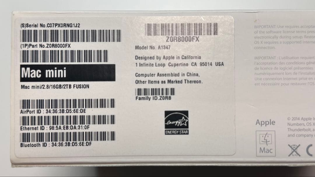 ミニPC Mac mini 2014 Later 2T Fusion Drive