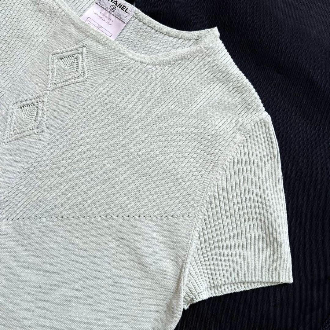 CHANEL ココマーク透かし編み サマーニット リブ グリーン 38