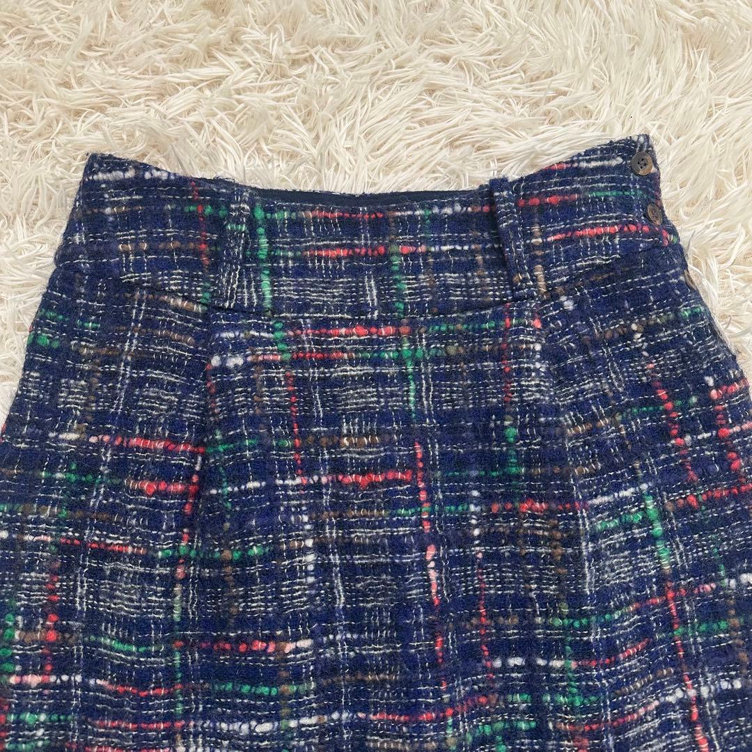 45R ミックスツイードスカート ロゴ刺繍 ウール ネイビー M 日本製