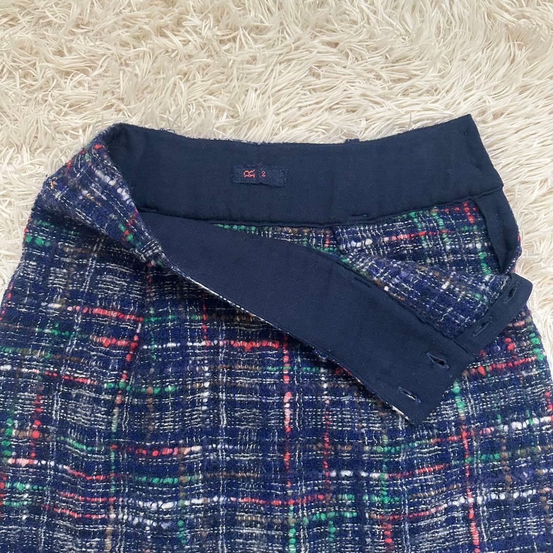 45R ミックスツイードスカート ロゴ刺繍 ウール ネイビー M 日本製