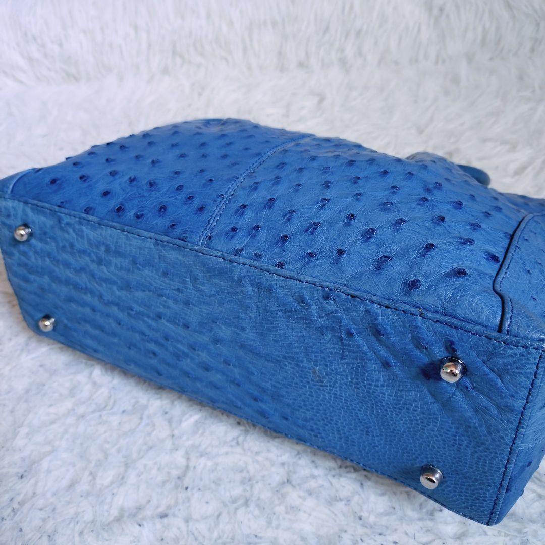 2WAY　ハンドバッグ　オーストリッチ　ブルー色　自立型　容量多