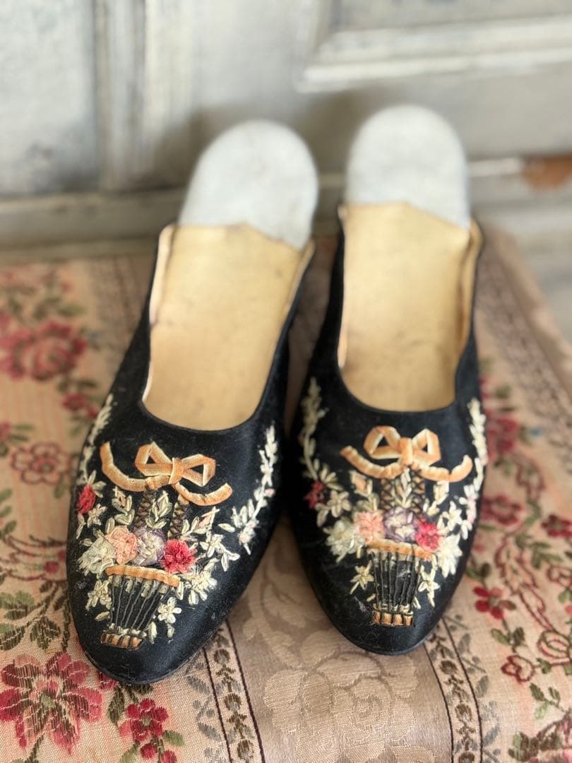 フランスアンティークヴィクトリアンリボン刺繍のソワレシューズウェディング