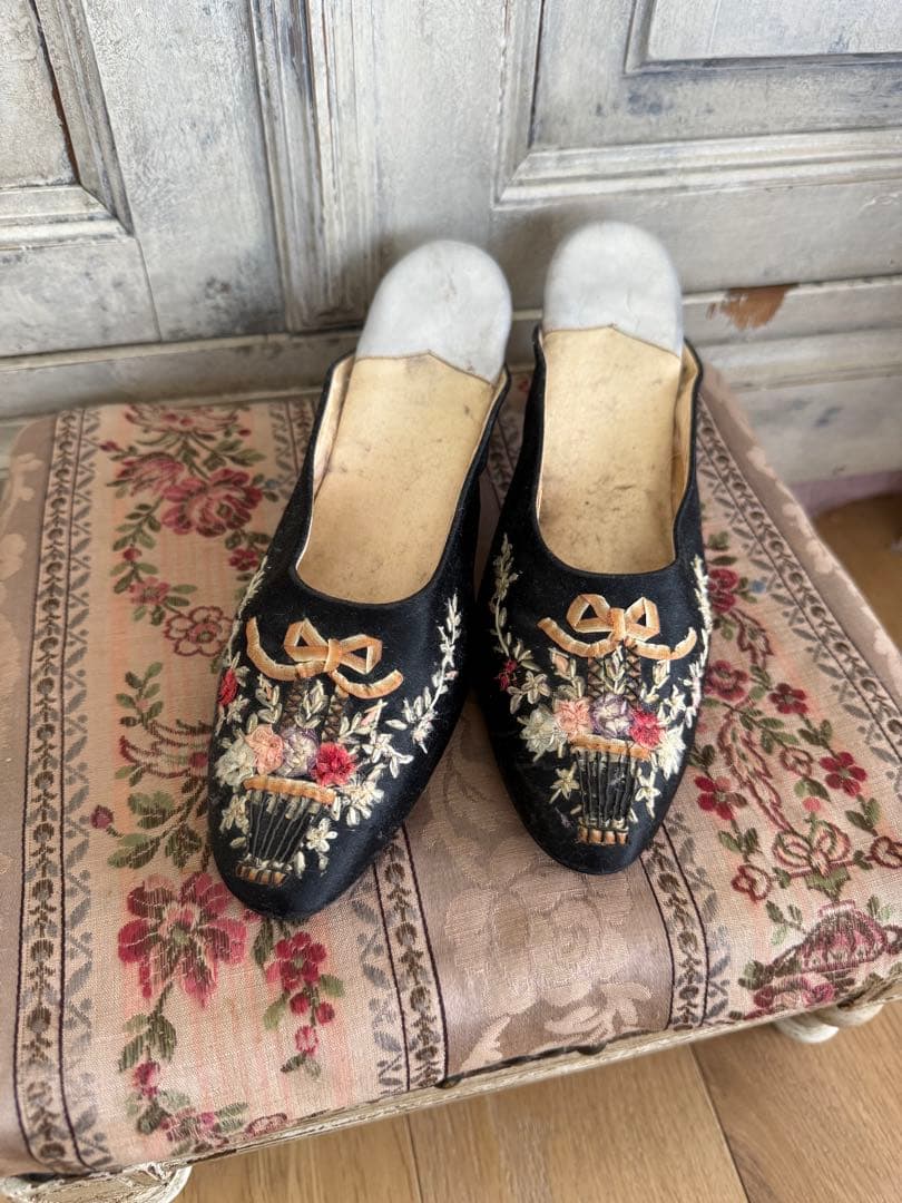 フランスアンティークヴィクトリアンリボン刺繍のソワレシューズウェディング