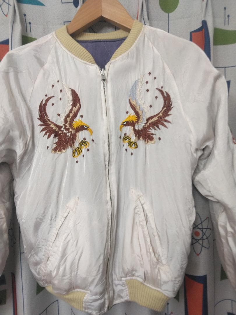 ヒューストン製　スカジャン 紫とベージュ 虎 富士山刺繍