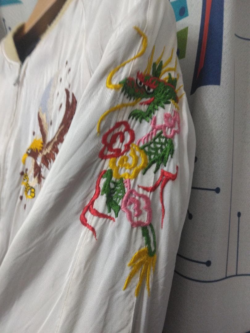 ヒューストン製　スカジャン 紫とベージュ 虎 富士山刺繍