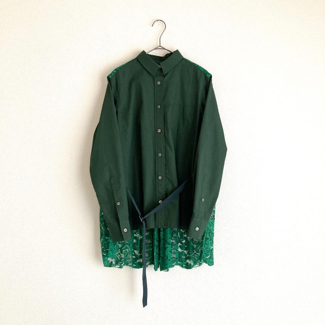 【ほぼ新品】2 M サイズ sacai ダークグリーン レース付き長袖シャツ