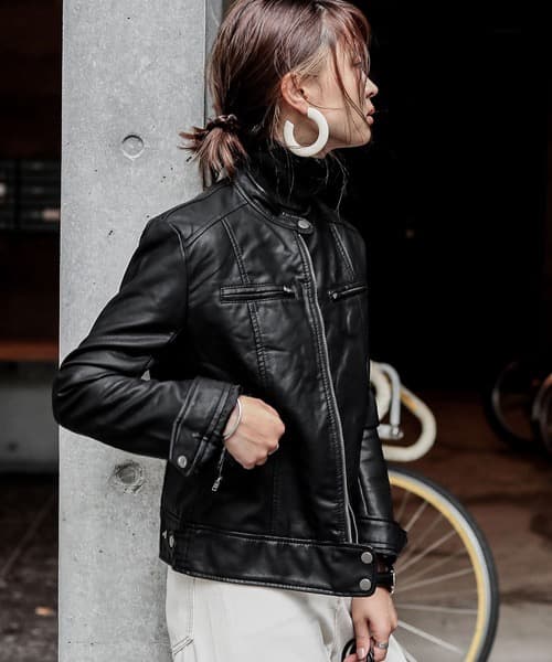 Fashion Letter レザーシングルライダースジャケット