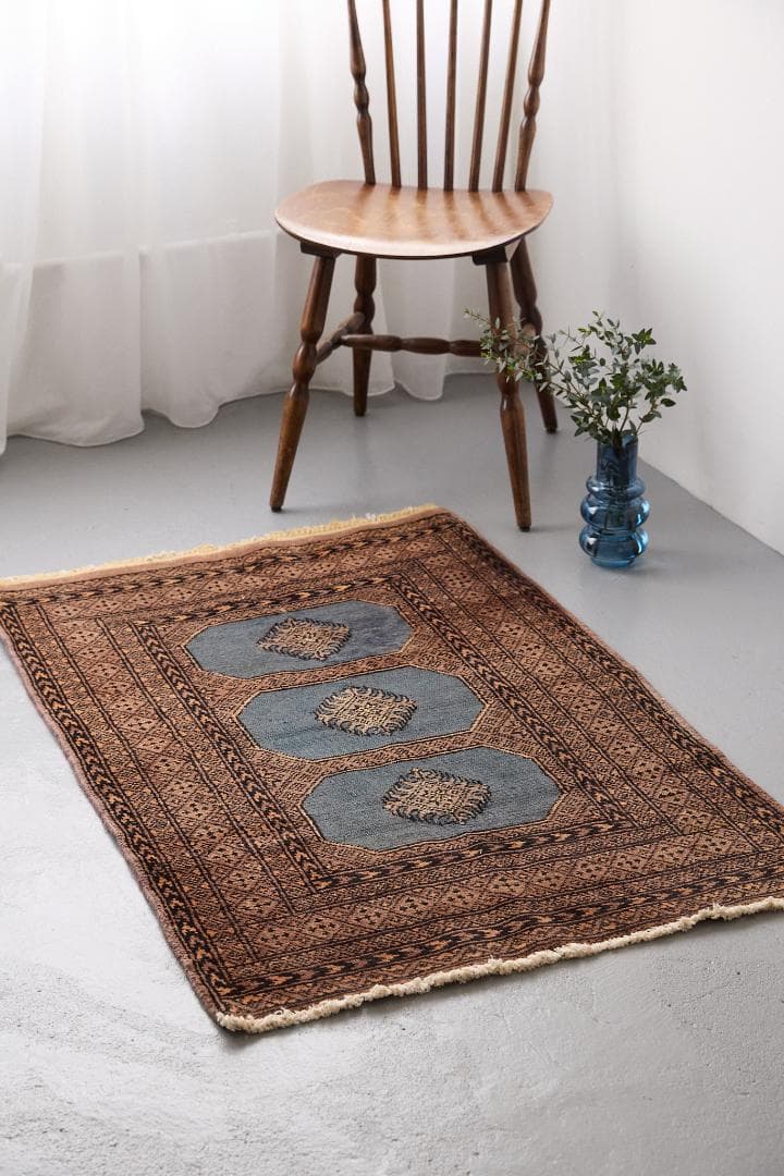 ヴィンテージラグ　トライバルラグ　ラホール産（119×76cm）青　茶　グレー