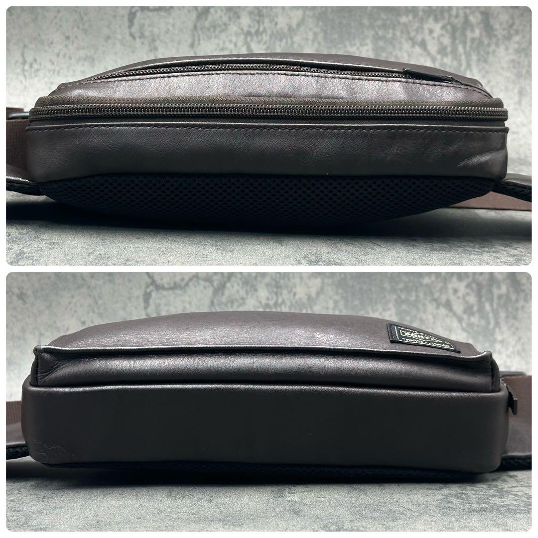 極美品 ポーター ボディバッグ レザー 肩掛け メンズ ウエストポーチ 茶色