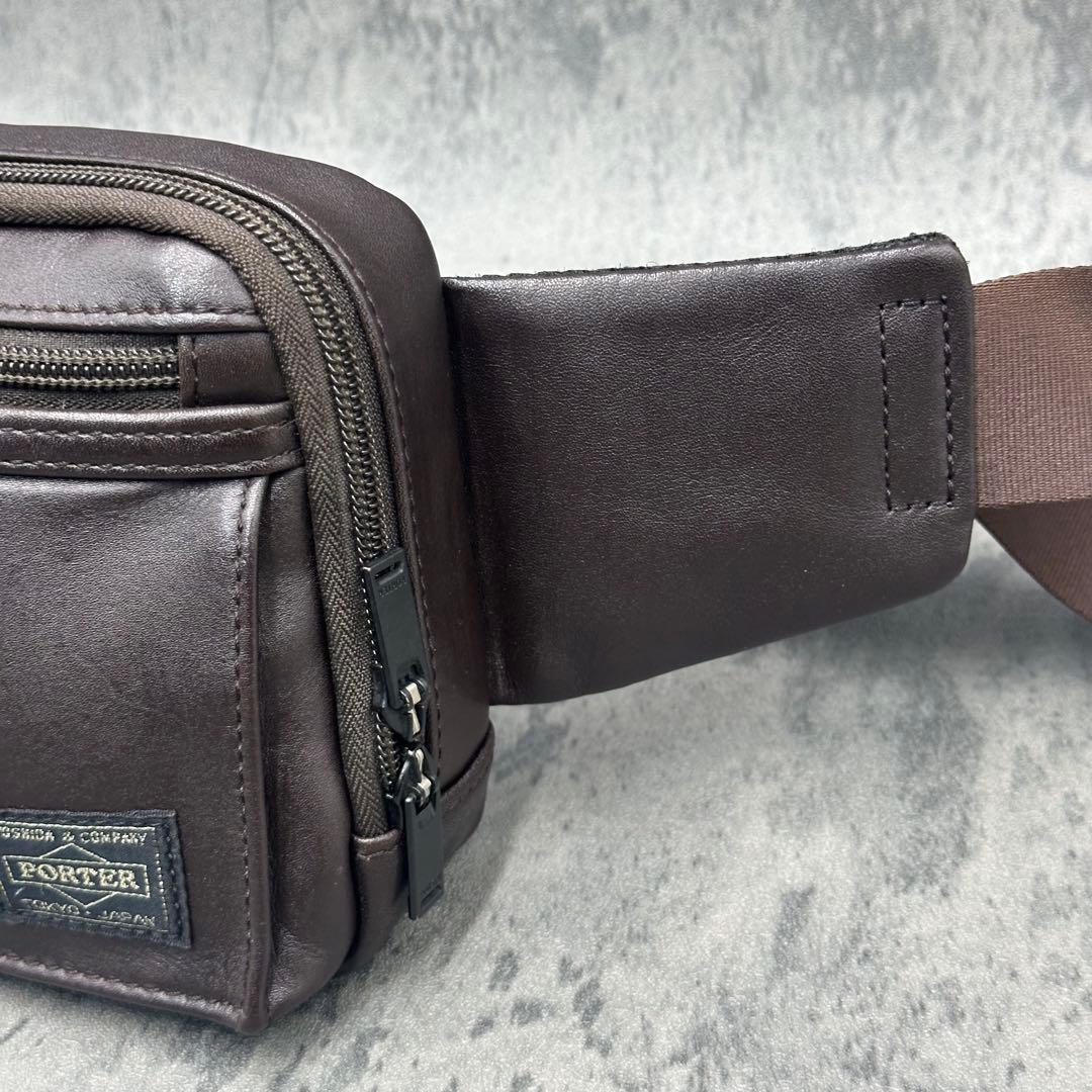 極美品 ポーター ボディバッグ レザー 肩掛け メンズ ウエストポーチ 茶色