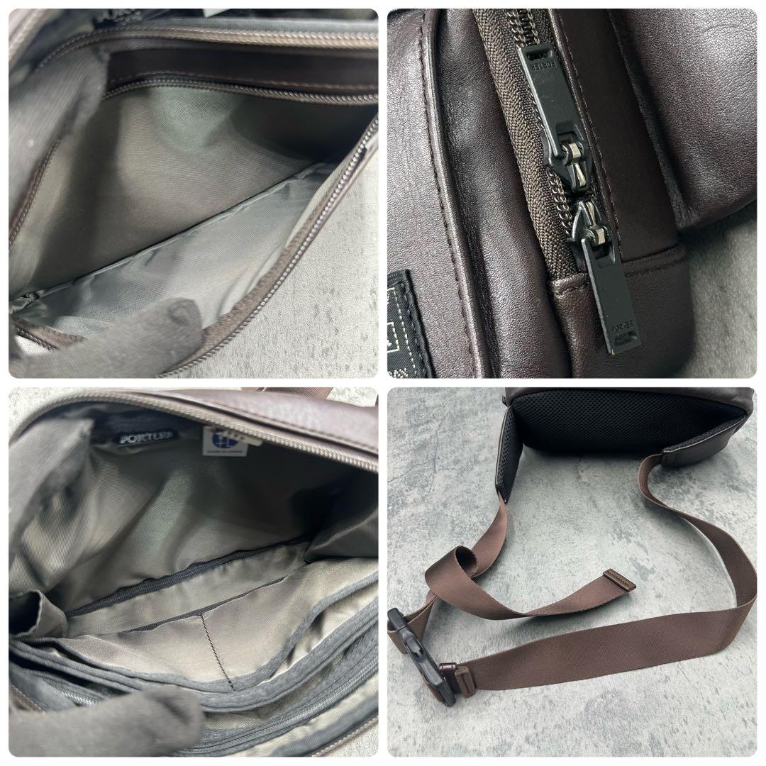 極美品 ポーター ボディバッグ レザー 肩掛け メンズ ウエストポーチ 茶色