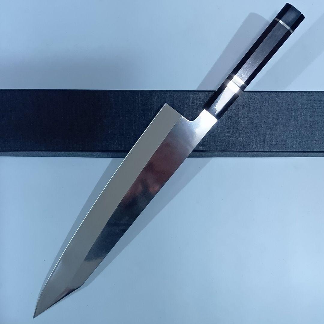 ステン本焼V金10号切付牛刀包丁27cm右片刃 鏡面 黒水牛黒檀八角柄