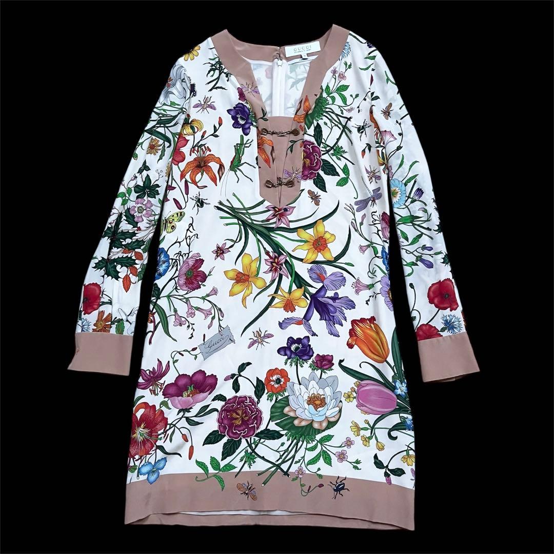 グッチGUCCI フローラ 50周年記念 ホースビット花シルクワンピース 38