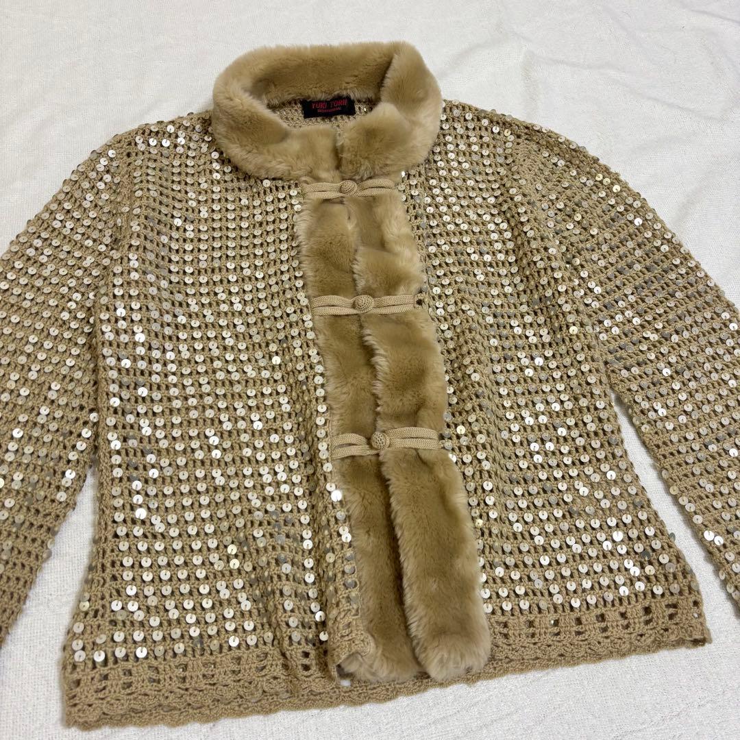 ユキトリイ YUKI TORII ニットカーディガン スパンコール ファー 40