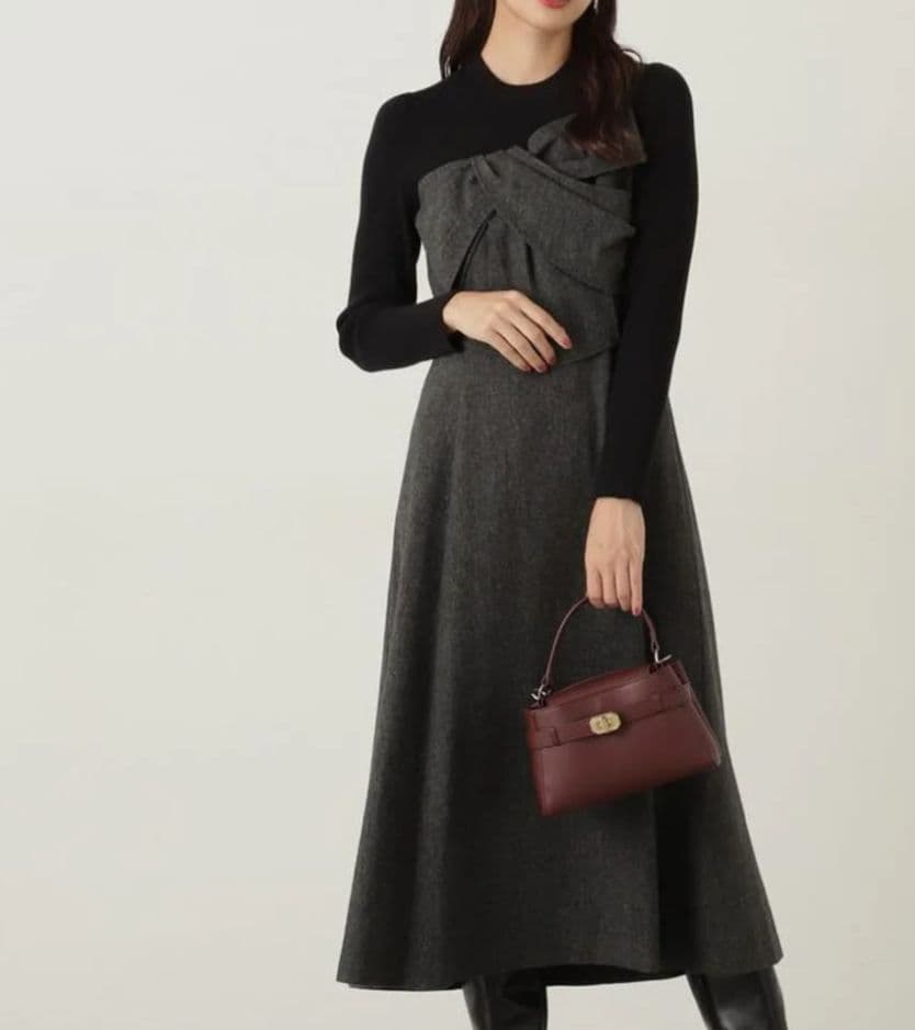 リボンディテールドッキングワンピース　ブラック×グレー　長袖