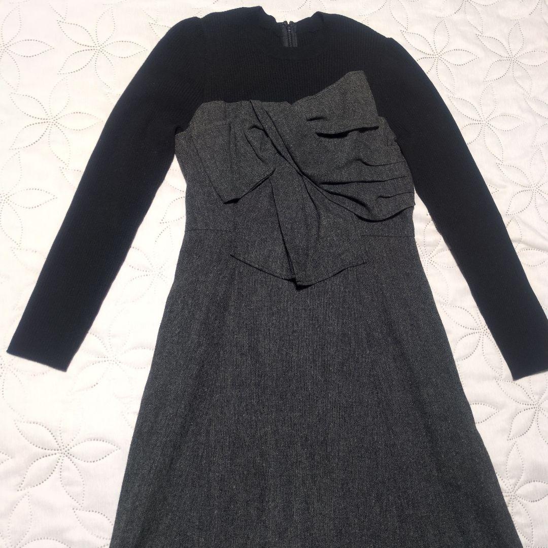 リボンディテールドッキングワンピース　ブラック×グレー　長袖