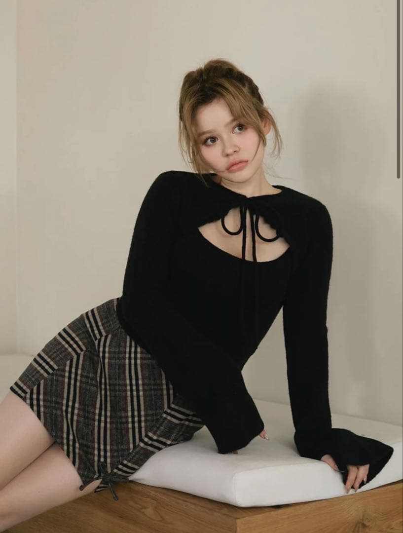 トップス andmary Anita ribbon knit tops beige