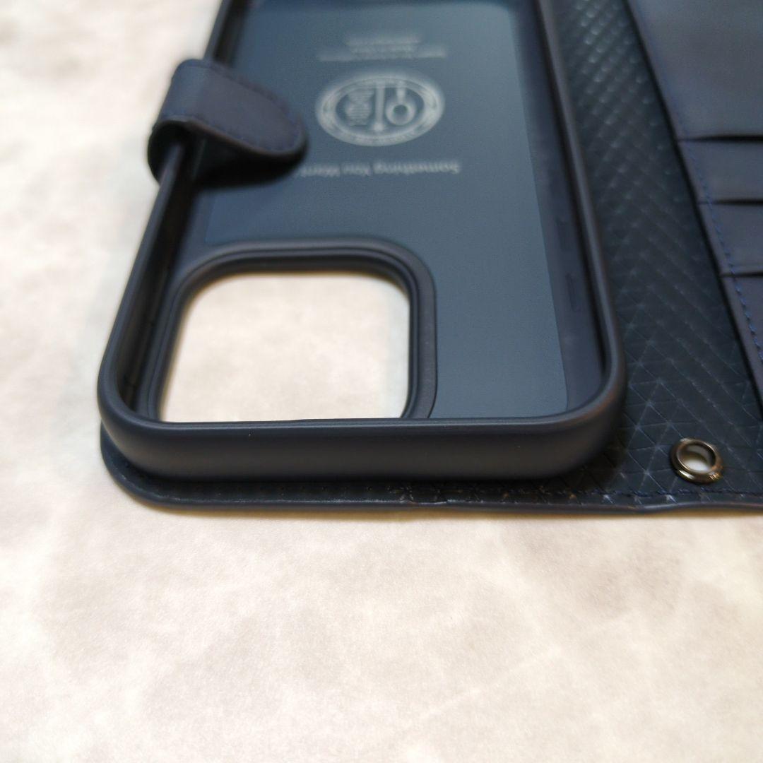 iPhone 15 Pro ケース 手帳型 ネイビー ストラップ2種類付き