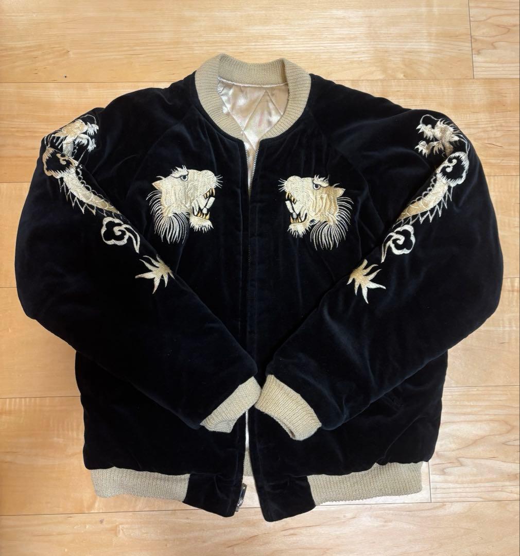 黒 ベルベット スカジャン ライオン ドラゴン刺繍