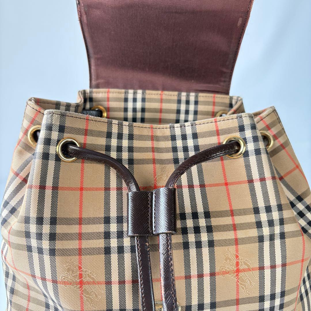 良品　バーバリー リュック 巾着 フラップ ノバチェック シャドーホース