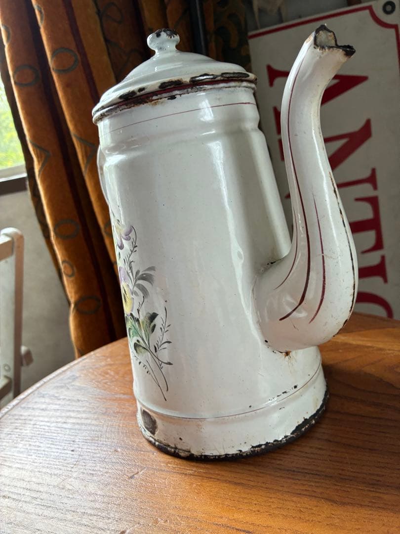 フランス　アンティーク　手描き　ホーロー　コーヒー　ポット　JAPY すみれ
