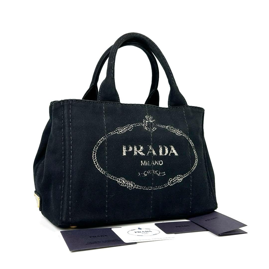 【美品】プラダ　カナパ　ハンドバッグ　三角ロゴ　ゴールド金具　デニム　ブラック