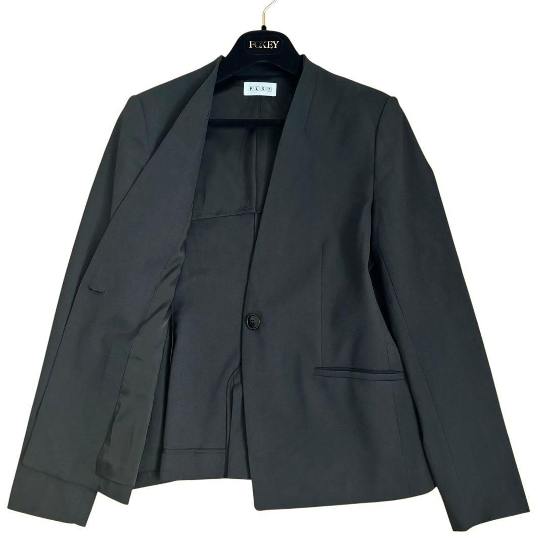 プラステ　パンツスーツ　上下　ノーカラージャケット　セットアップ　背抜き　麻混