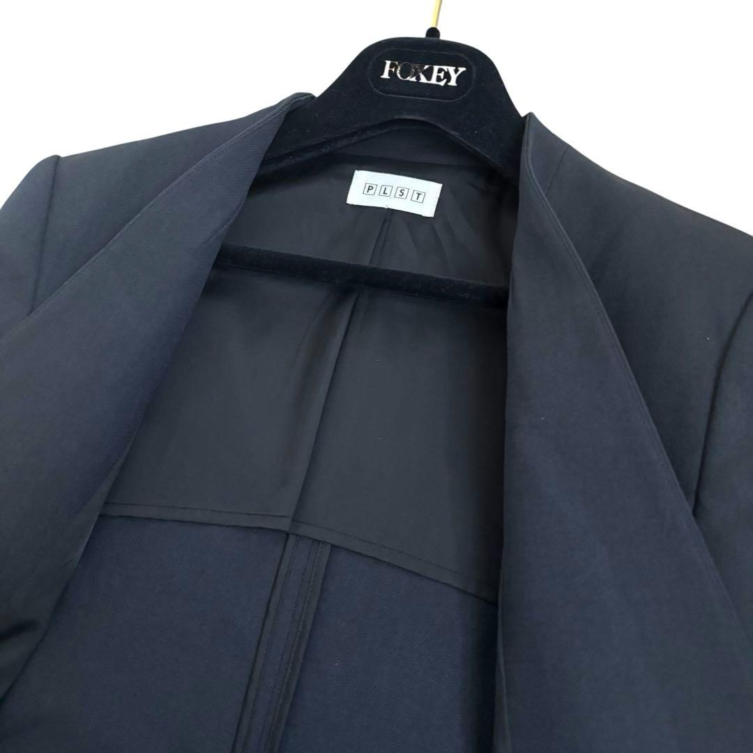 プラステ　パンツスーツ　上下　ノーカラージャケット　セットアップ　背抜き　麻混