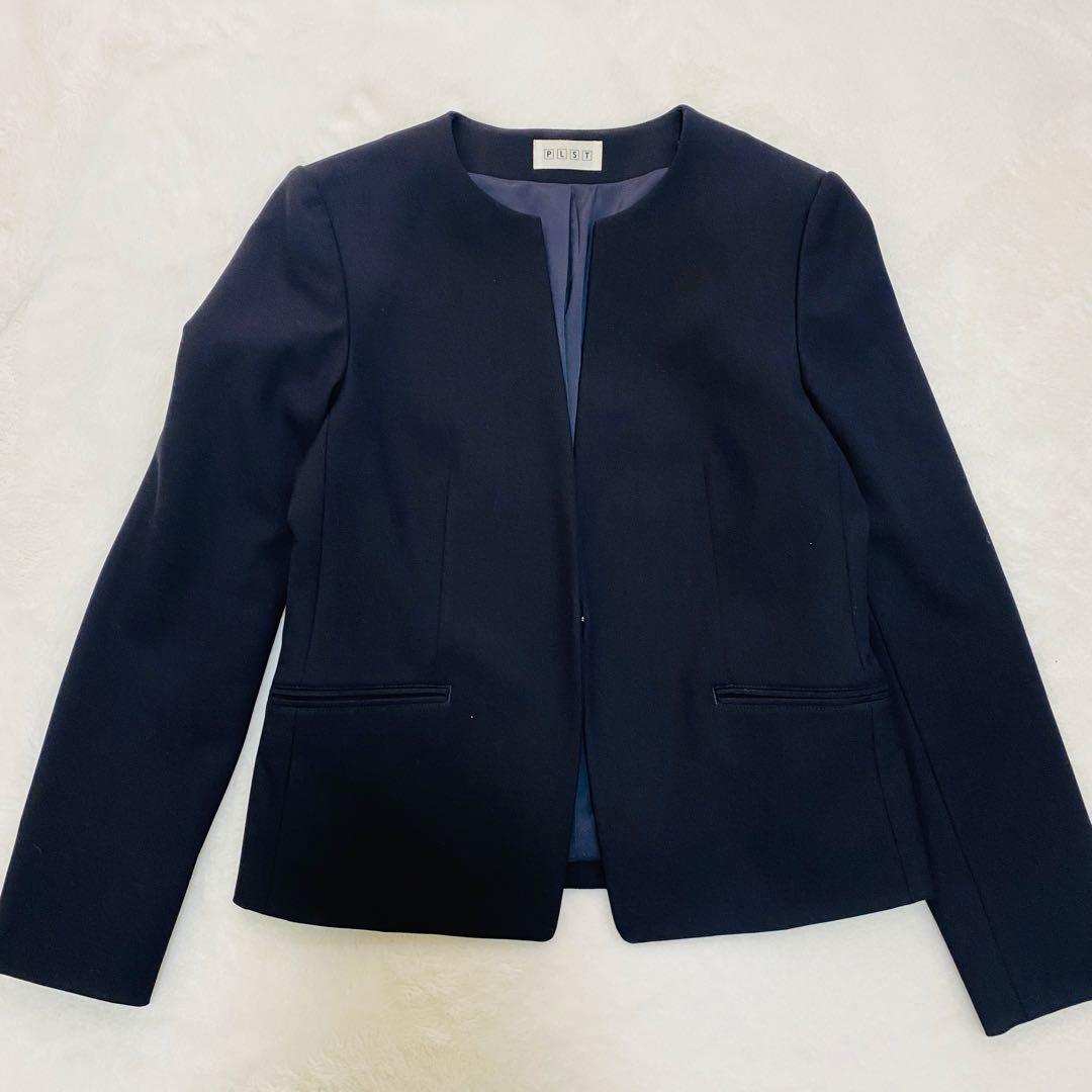 プラステ ノーカラージャケット パンツスーツ セットアップ ネイビー 上M下L