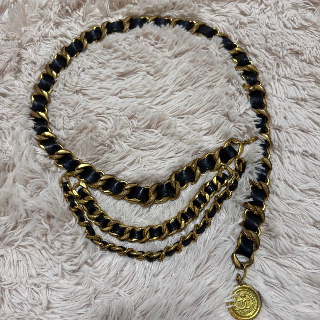 CHANEL シャネル 黒×ゴールド レザーチェーンベルト ヴィンテージ