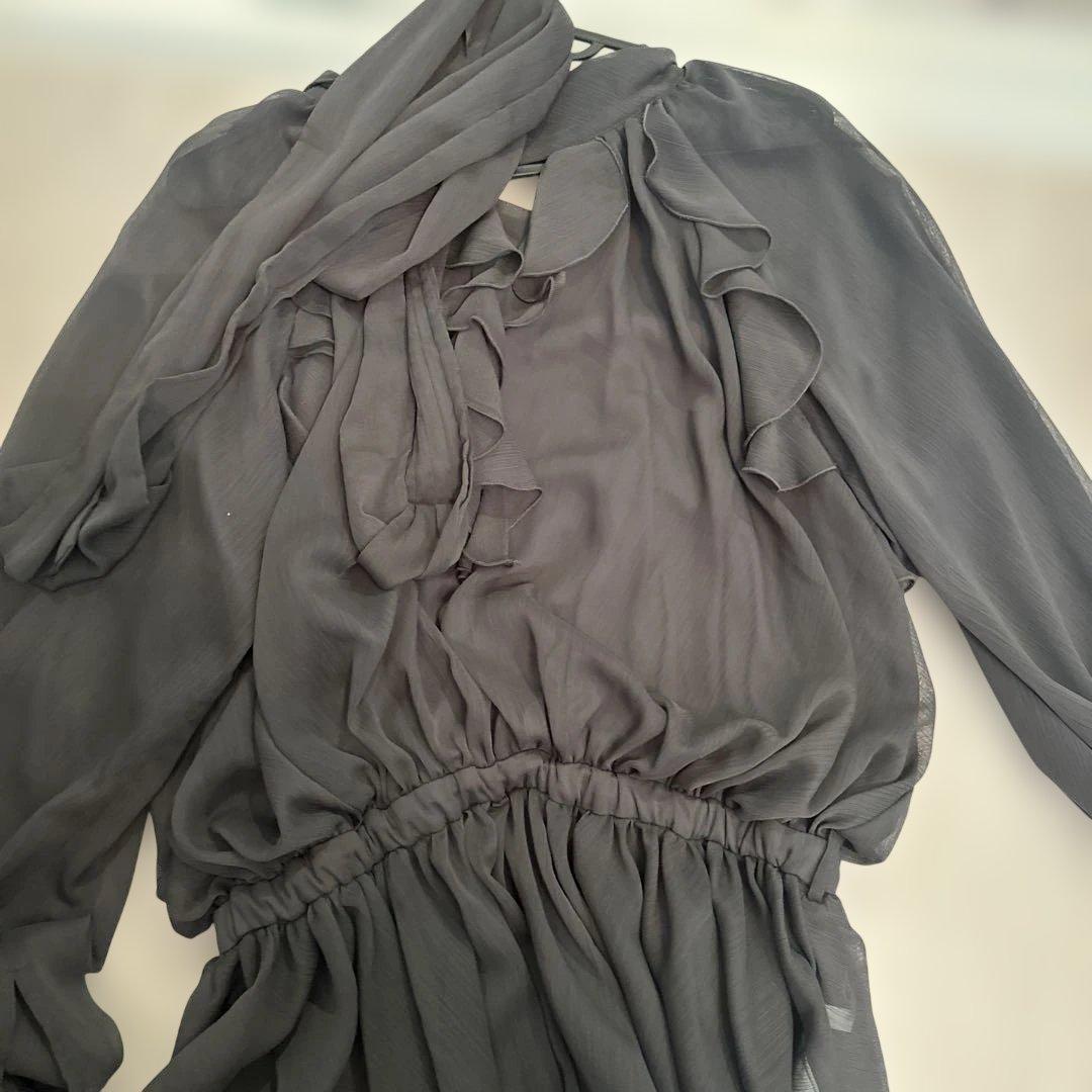 グレー フリル リボン付き 長袖ブラウス
