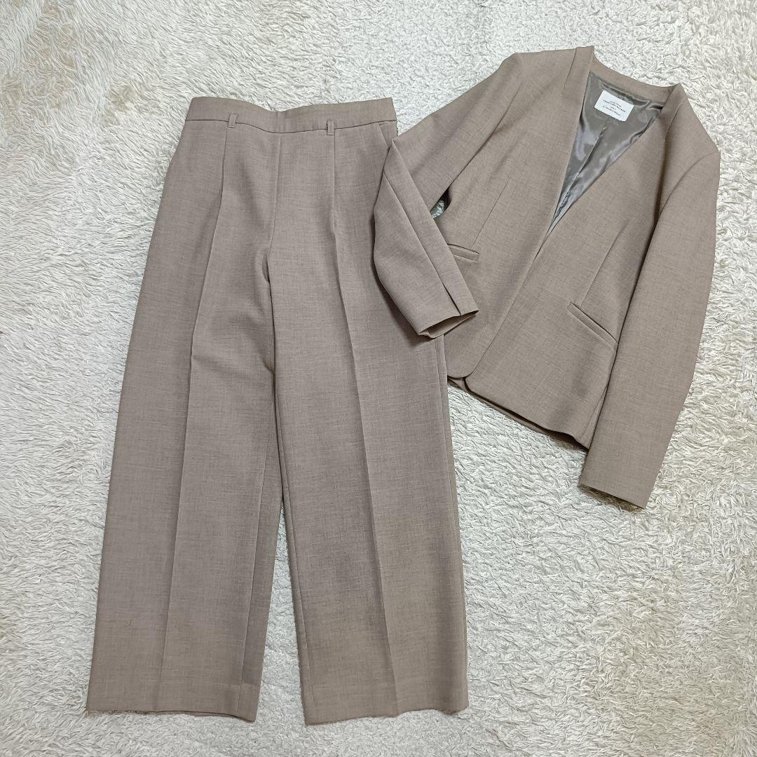 【美品】グリーンレーベルリラクシング ノーカラースーツ ワイドパンツ 40