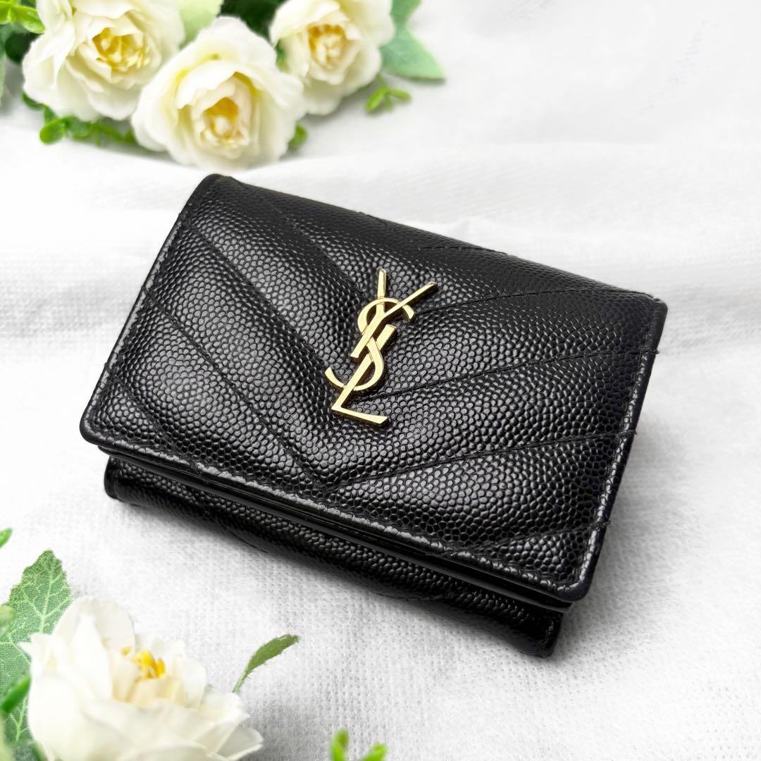 サンローラン 三つ折り財布 Vステッチ カサンドラ レザー オリガミ YSLロゴ