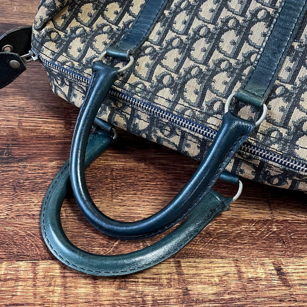 ディオール トロッター キャンバス レザー ボストン ハンド バッグ ネイビー