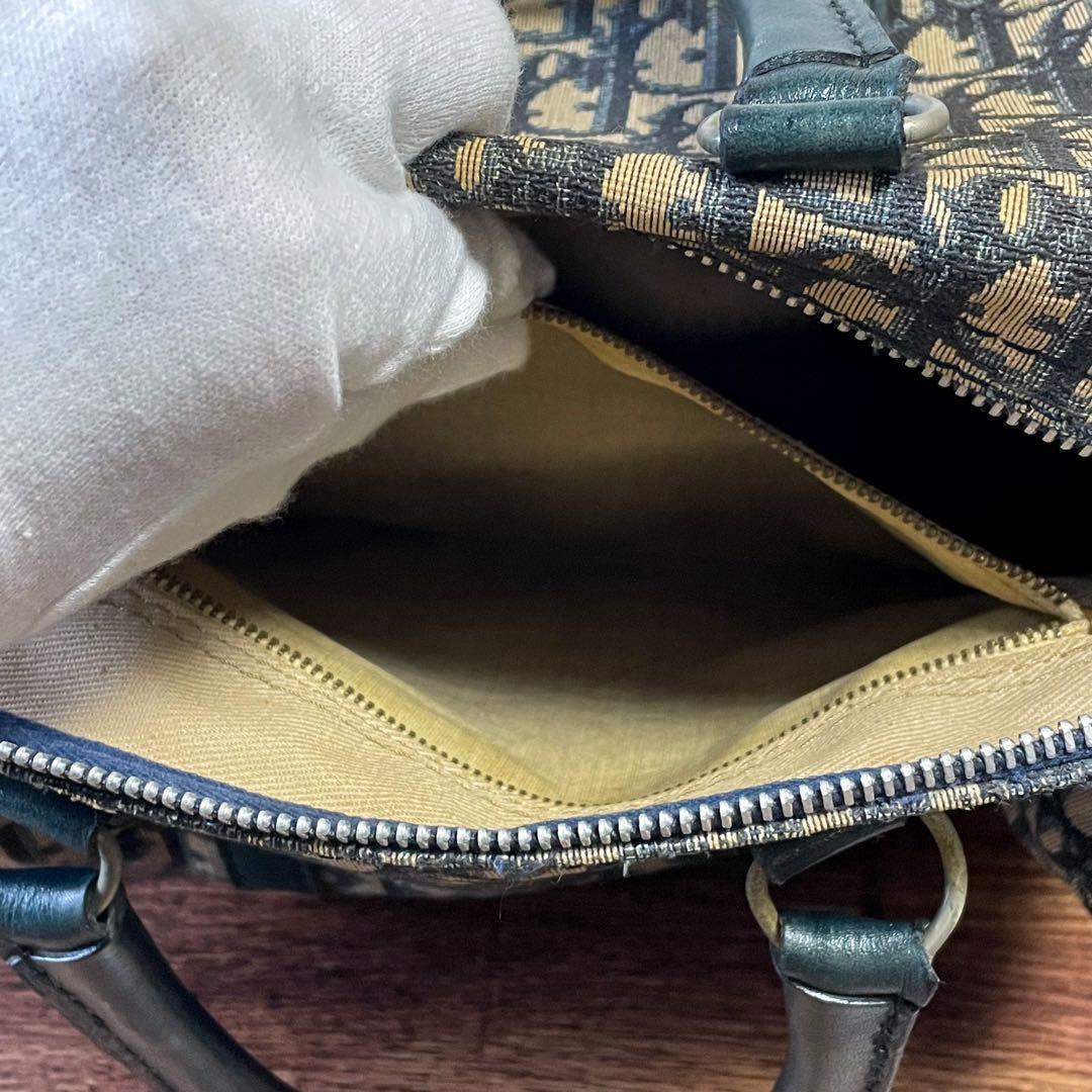 ディオール トロッター キャンバス レザー ボストン ハンド バッグ ネイビー