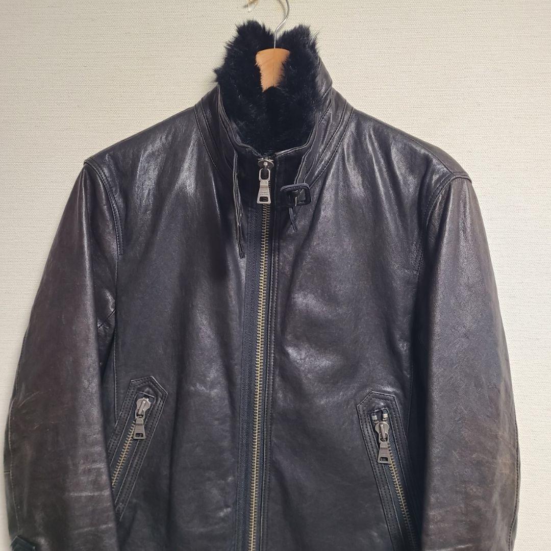 バーバリーブラックレーベル レザー ライダースジャケット スタンドカラー ファー