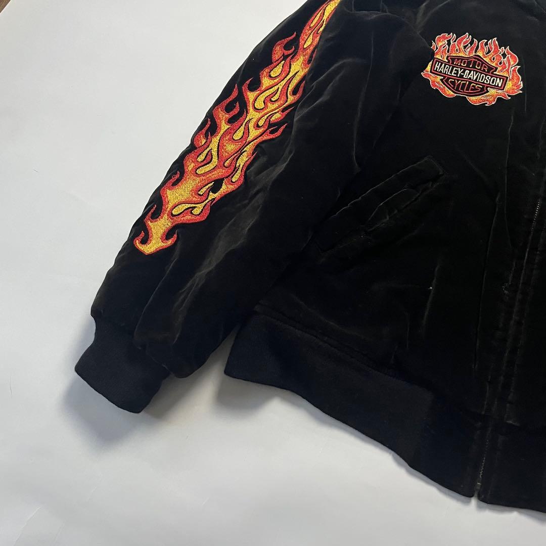 ハーレーダビッドソン スカジャン 別珍 ブラック 黒 刺繍 L ファイヤー