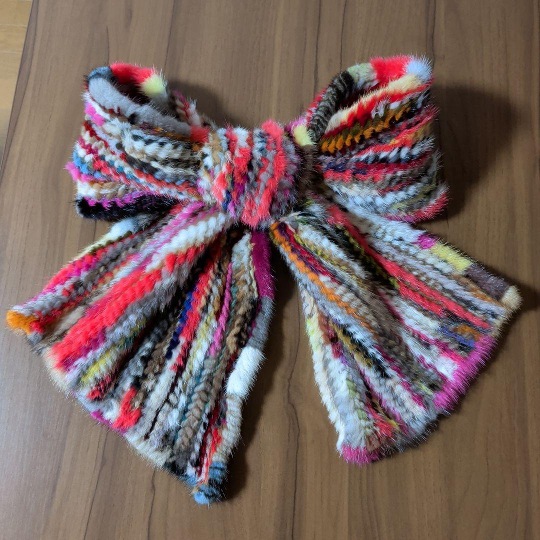 マフラー　ミンク　毛皮　リアルファー　編み込み　リボン　カラフル