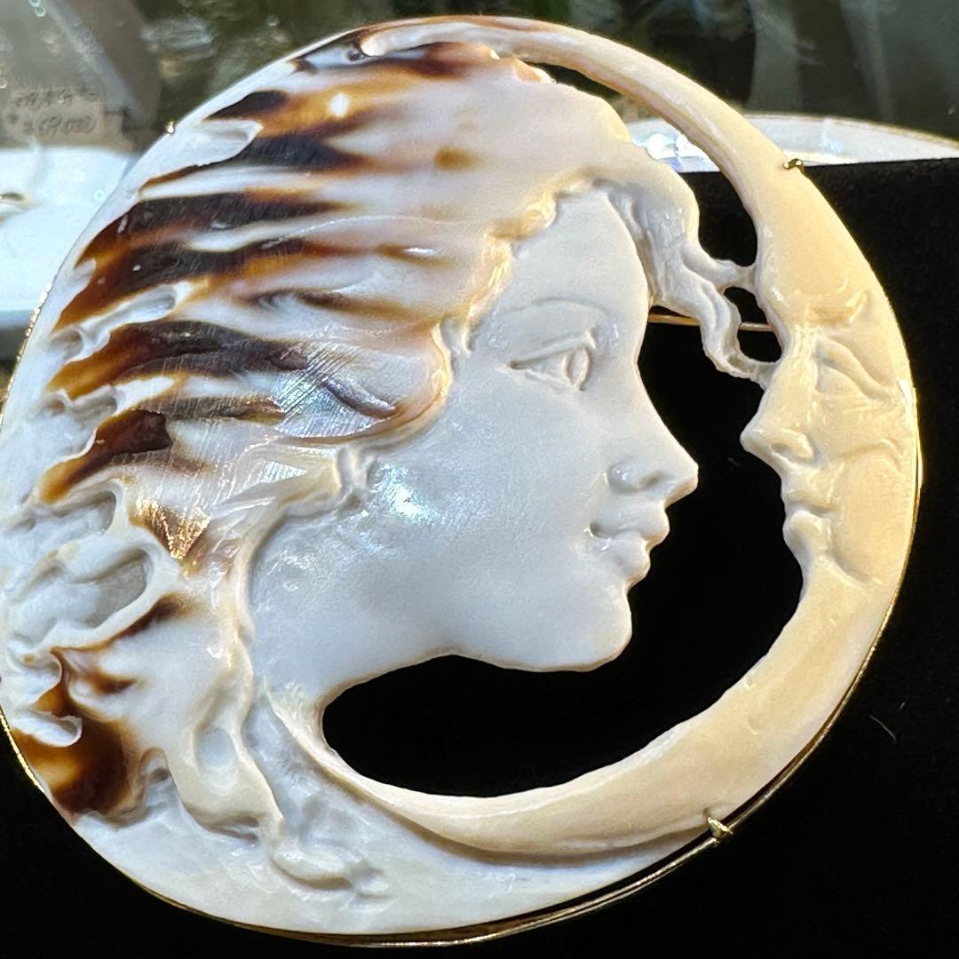 K18 直径7cm月と少女のカメオ ブローチペンダントトップ兼用