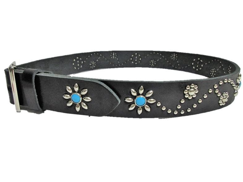 栃木レザー　フラワー型スタッズベルト　黒（ターコイズスポッツ）４０ｍｍ幅　一枚革