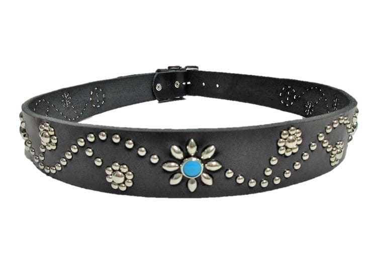 栃木レザー　フラワー型スタッズベルト　黒（ターコイズスポッツ）４０ｍｍ幅　一枚革