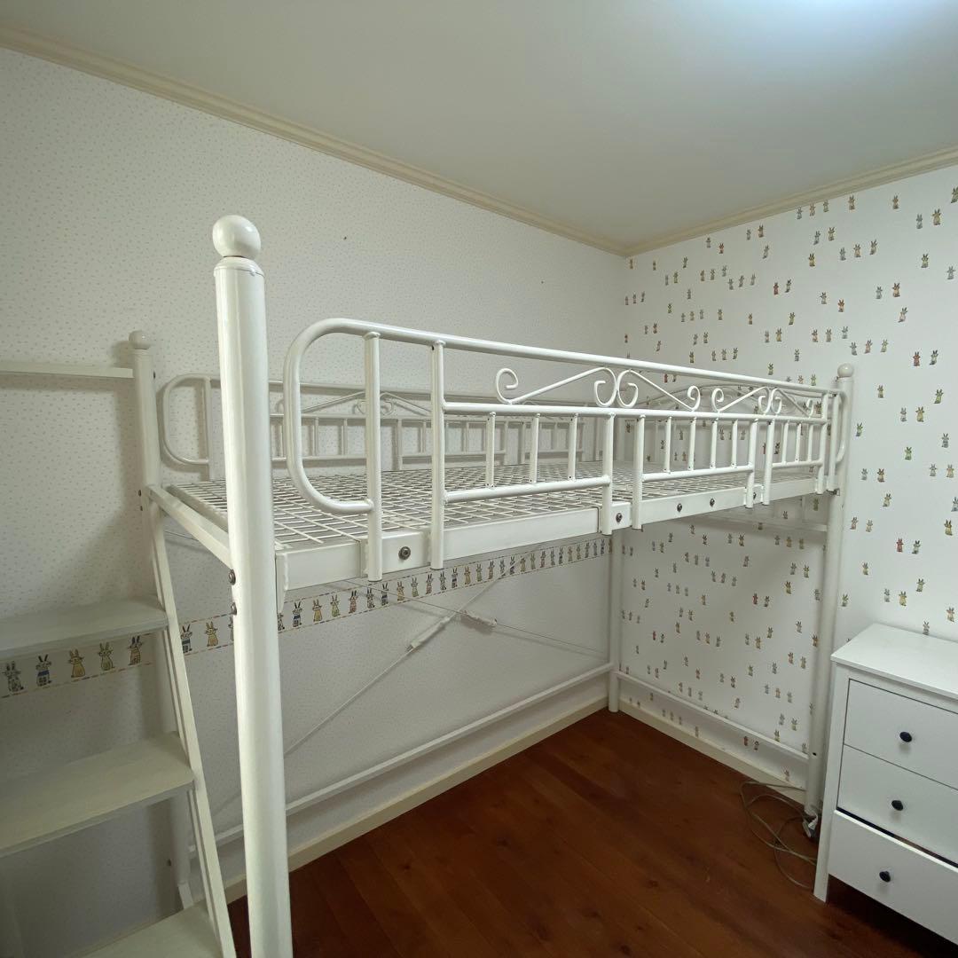 【ロフトベッド 階段】シングル ホワイト白　引取り限定