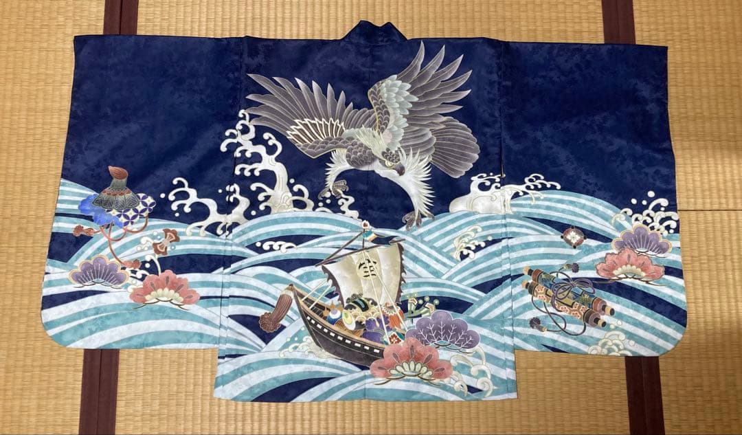 ［美品］七五三 男の子5歳　羽織袴セット　青地　鷹　宝船　縞袴